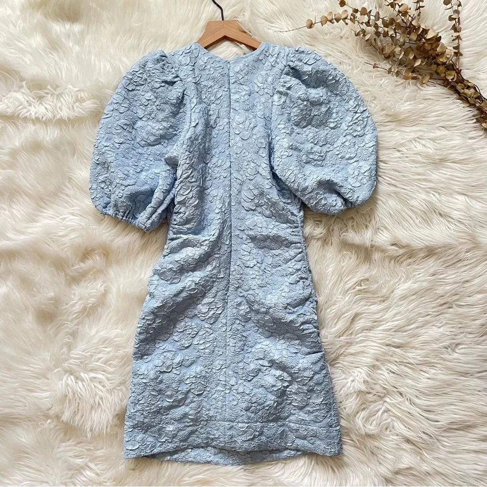 GANNI Sky Blue Jacquard Puff Sleeve Ruched Mini Dress NWT EU 34 US 2 XS - Picture 11 of 16
